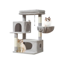 Taoqimiao Cat Tree,38-Inch Cat Tower for Indoor Cats,2 Luxurious cat condo with Adjustable Large Hanging Baskets and Large Luxurious Perch Light Gray MS029W