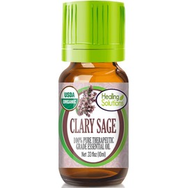 Healing Solutions Clary Sage Essential Oil, 0.33 oz (10ml), Pure, Organic, Undiluted for Hair Diffuser, & Skin, Therapeutic Grade Essential Oils