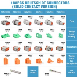 MACHSWON 188PCS Deutsch DT Gray Connector Kit Environmentally Sealed Automotive Electrical Connectors with Size 16 Solid Contacts in 2,3,4,6,8 and 12 Pin Configurations,
