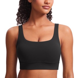 CRZ YOGA Butterluxe Womens U Back Sports Bra - Scoop Neck Padded Low Impact Yoga Clothes Workout Crop Top with Built in Pads Black Medium