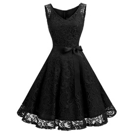 Dressystar 0010 Women Floral Lace Bridesmaid Party Dress Short Prom Dress V Neck Black XL