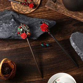 3 Pieces Chinese Hair Stick Japanese Retro Wooden Hairpin Flower Hair Chopsticks Handmade Classic Geisha Hair Accessories for Long Hair