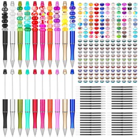 Geyee 300 Pcs Plastic Beadable Pen Assorted Bead Pen Set, 20 Bead Ballpoint Pen 40 Extra Refill 240 Crystal Rhinestone Loose Bead DIY Bead Pen for Back to School Supplies (Retro Color, Bead Style)