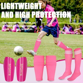 Soccer Shin Guards for Kids Youth Adults, Shin Pads Set with Shin Sleeves and Long Soccer Socks for Boys Girls Women, Lightweight Soccer Equipment (Rose Red, M)