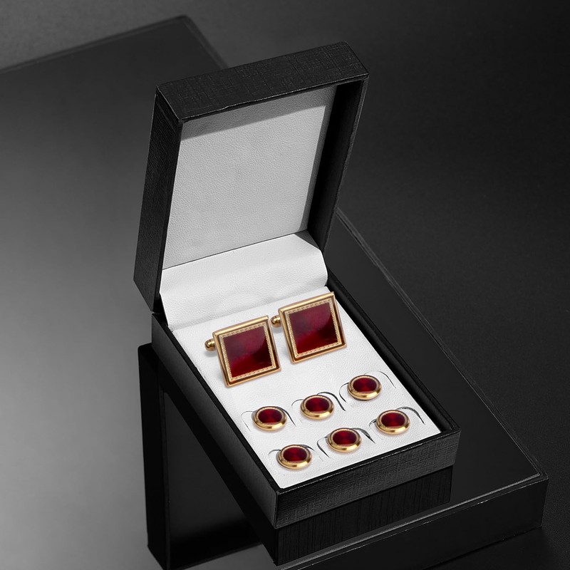 Wynamleri burgundy cufflink studs, golden dinner shirt buttons and cuff