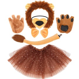 Moikolok Lion Ears Headband and Tail, Lion Costume Tutu Paw Gloves Nose Bowtie, School Project Halloween Jungle Animal Themed Party Cosplay