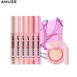 AMUSE Lip Smudger 6colors with Dew Powder Pocket Cushion & Mini Tint & Cross Bag Gift Limited Set 9items, Color:00 Shading