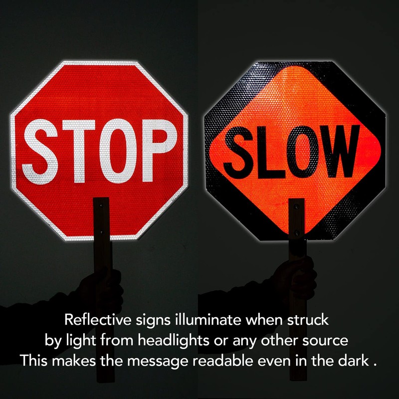 Stop Slow Sign with Bamboo Handle, 13" x 13" Double