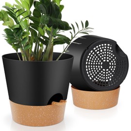 YNNICO 10-Inch Plant Pots, Self-Watering Planters with Drainage Holes & Saucers for Indoor and Outdoor Plants (2-Pack, Black)