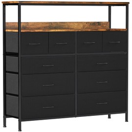 VASICAR 10 Storage Drawers Dresser with Shelves, Tall Fabric Dresser, Chest of Drawers for Closet, Nursery, Bedside, Living Room, Laundry, Entryway, Hallway, Free Drawer Divider (Black)