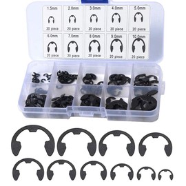 Saipor 200pcs E-Shape Snap Ring Kit Circlip Axle Ring 10 Types E-Ring Snap Steel E-Type Retaining Ring for Securing Parts with Storage Box (1.5/2/3/4/5/6/7/8/9/10mm)