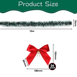 Sprinlot Gerlande Christmas Dark Green, 10 m Tinsel Garland with 24 Red Bows, Christmas Tree Garland, Shiny Christmas Tree Decoration Garlands