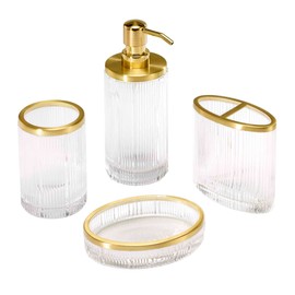 Nicole Miller - Bathroom Set, 4pc Glass Countertop Accessories, Dorm Room Essentials (Louise Collection, Clear)