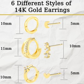 OWill 6 Pairs Gold Hoops Earrings for Women 14K Gold Plated Earrings Small Huggie Hoop Earrings Hypoallergenic Earrings with Cubic Zirconia Gold Cartilage Jewellery Set Girls Gifts