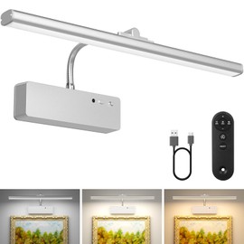 Picture Light with Remote, 15.35inch Wireless Rechargeable Battery Wall Light for Paintings, 3 Colors Paintings Light Dimmable &Timer Metal Art Light for Display, Wall, Artwork, Gallery (Silver)