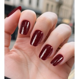 Morily Dark Red Glitter Press on Nails Short, Square Shaped Glitter Fake Stick on Nails for Women in 16 Sizes, 32 Pcs Reusable Full Cover Artificial False Fingernails