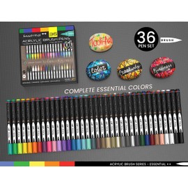 36 Flexible Brush Tip Acrylic Paint Pens Markers Set 1-7mm Line for Rock Painting, Brush Lettering, Scrapbooking, Glass, Mugs, Wood, Metal, Canvas, Fabric, Plastic. Non Toxic Waterbased Quick Drying