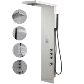 Greenspring Shower Panel Tower System, Rainfall Shower Head Handheld Shower Wand Multi-Function Shower Panel with Large Area Massage Jets for Home Hotel, Brushed Nickel