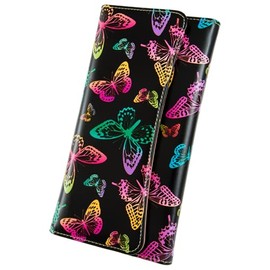 Kaabao Womens Wallet Leather RFID Blocking Trifold Ladies Purse long Clutch Credit Card Holder Phone Checkbook Organizer, Rainbow Butterflies, Vintage