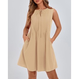 BTFBM Womens Summer Mini Dress 2025 Sleeveless Crew Neck Cute Bow Tie Front Loose Pleated Casual Short Dresses Pockets(Khaki, Small)