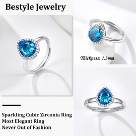 Bestyle CZ Teardrop Diamond Rings 5mm December Blue Topaz Birthstone Solitaire Rings, 925 Sterling Silver Rings Jewelry Gift for Wedding Anniversary Birthday