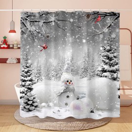 Sanzugh - Cortina de ducha de muñeco de nieve de Navidad, diseño de bosque de invierno, color gris, para decoración de baño con ganchos, 72 x 78 pulgadas, bonita decoración de baño gris y blanco