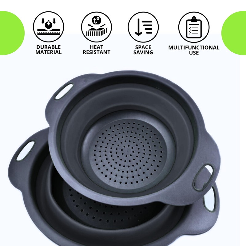 Small Food Strainer for Kitchen - Black Silicone Colander with