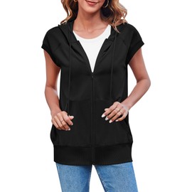Fisoew Women's Sleeveless Zip Up Hoodies Casual Loose Fit Drawstring Sweatshirts Lightweight Jackets Vest with Pockets Black
