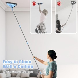 NEWE Wall Mop Cleaner with 80 Inches Long Handle, 180° Folding Ceiling Cleaning Tool with Squeegee, Triangle Baseboard Scrubber with 4 Chenille Duster and 2 Microfiber Pads for Washing Painted Walls