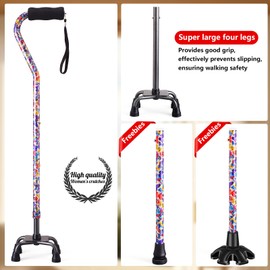 YOKABOZE Walking Cane for Women & Men, Folding Offset Quad Cane with 4 Pronged Base for Extra Stability and Balance, Adjustable Aluminum Walking Stick for Seniors (Butterfly Flower)