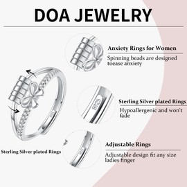 DOA 925 Sterling Silver Fidget Ring, Adjustable Thumb Anxiety Ring for Anxiety Women, Spinner Bow Rings to Relieve Stress & Worry in Platinum