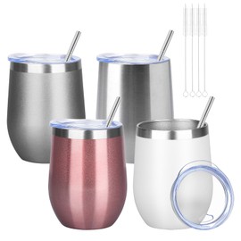 YEBTS Life 12oz/4 Pack Wine Tumbler Glasses with Lid Stemless Double Wall Vacuum Stainless Steel Travel Tumbler Keeping Cold & Hot for Wine,Coffee,Cocktails,Drinks-Family and Gifts (Multi color-3)