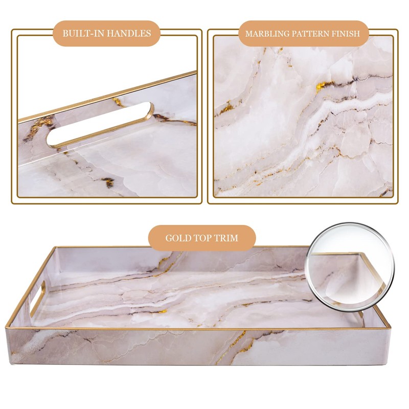 MAONAME Plastic Decorative Tray, Marbling Tray with Handles, Rectangular Coffee