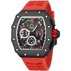 FANMIS Mens Luxury Tonneau Square Watches Analog Punk Chronograph Unique Sports Wrist Watch Japanese Movement Luminous Design with Rubber Band (Black Red), Black Red, Chronograph