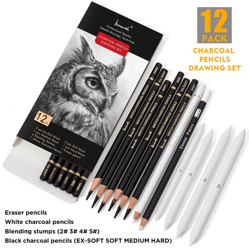 Brusarth Charcoal Drawing Set -12 pc Black charcoal pencils, White