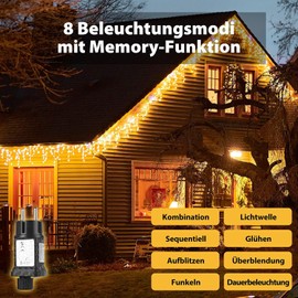SALCAR LED Eisregen Lichterkette Außen 10m, Lichtervorhang Fenster Weihnachten Innen mit 400 LEDs, 31V mit 8 Modi und Memory-Funktion, Warmweiß