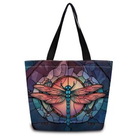 ZhuVantrix Stained Glass Dragonfly Tote Bag Reusable Grocery Bags Aesthetic Shopping Shoulder Handbag with Interior Pocket Lightweight & Washable Stylish Colorful Dragonfly Present for Women