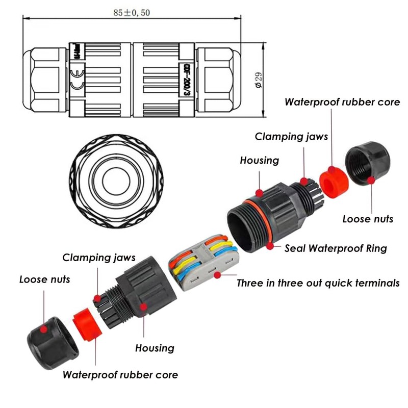 3 Pcs 2-pin IP68 outdoor waterproof junction box cable connector/quick
