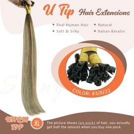 Sunny Hair U Tip Hair Extensions Human Hair Invisible Keratin Hair Extensions Straight Hair Extensions for Women 50G Cool Brown Balayage Light Brown Highlight Blonde 16inch