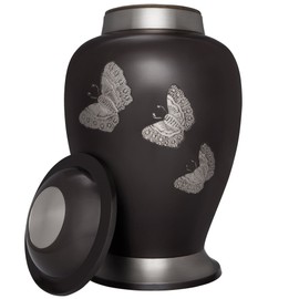 Liliane Memorials Black Funeral Cremation Urn with Engraved Butterflies Papillon Model in Brass for Human Ashes Suitable for Cemetery Burial Fits Remains of Adults up to 200 lbs, Large/200 lb