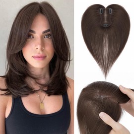 Benehair Clip in Human Hair Topper for Women Real Human Hair, 360° 3D Cover Clip in Hair Bangs Real Hair Toppers Dark Brown Hair Topper with Bangs for Daily Wear Thinning Hair (11 Inch,Side Bangs)