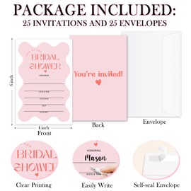ZSHFMY Pink Wavy Bridal Shower Invitation, 25 Bridal Shower Invitations with Envelopes for Mr And Mrs Newlyweds, Fill-In Style Invitation Cards for Engagement Wedding Bride-To-Be Party -01