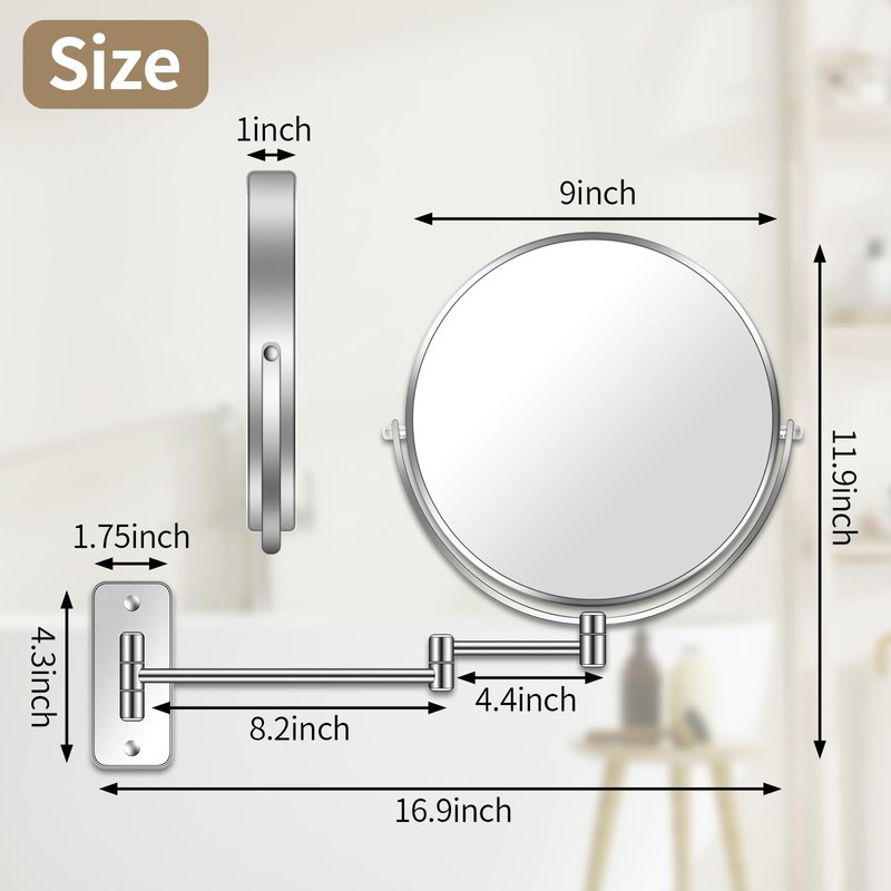 BTremary 9” Large Wall Mounted Makeup Mirror 1X/7X Double-Side Bathroom