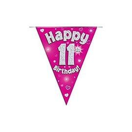 OAKTREE UK 630628 Party Bunting Happy 11th Birthday Pink Holographic 11 Flags 3.9m