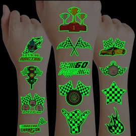 96 PCS Checkered Flag Race Car Pre-Cut Luminous Temporary Tattoos for Kids | Super Cute Themed Birthday Party Favors, Supplies, Decorations, Fake Tattoo Stickers