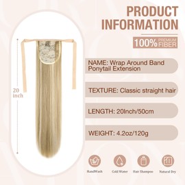 Qunlinta Ponytail Extension, Pony Tails Hair Extensions Clip Ins Wrap Around Band Hair Pieces for Women Synthetic Soft Fake Ponytails Straight Ash Blonde Mix Bleach Blonde