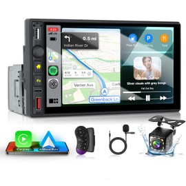 Single Din Car Stereo with Wireless Carplay Android Auto, 7 inch Touch Screen Bluetooth Car Radio with Mirror Link FM Radio USB/AUX/Type-C Ports External Mic+Backup Camera