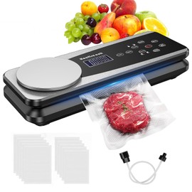 Vacuum Sealer Machine for Food,85kpa Automatic 10-in-1 Food Sealer Vacuum Sealing for Dry&Moist Saver, Food Storage Vacuum Machine with Scale,Cutter,Air Suction Hose,Pulse Function,10 Vacuum Bags