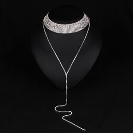 Elegant Rose Multi-rows Rhinestones Choker Necklace Round Neck Long Sweater Pendant Adjustable Necklace Jewelry for Ladies Womens (Silver)