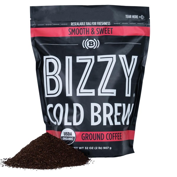 Bizzy Organic Cold Brew Coffee | Smooth & Sweet Blend | Coarse Ground Coffee | Medium Roast | Micro Sifted | Specialty Grade | 100% Arabica | 2 LB